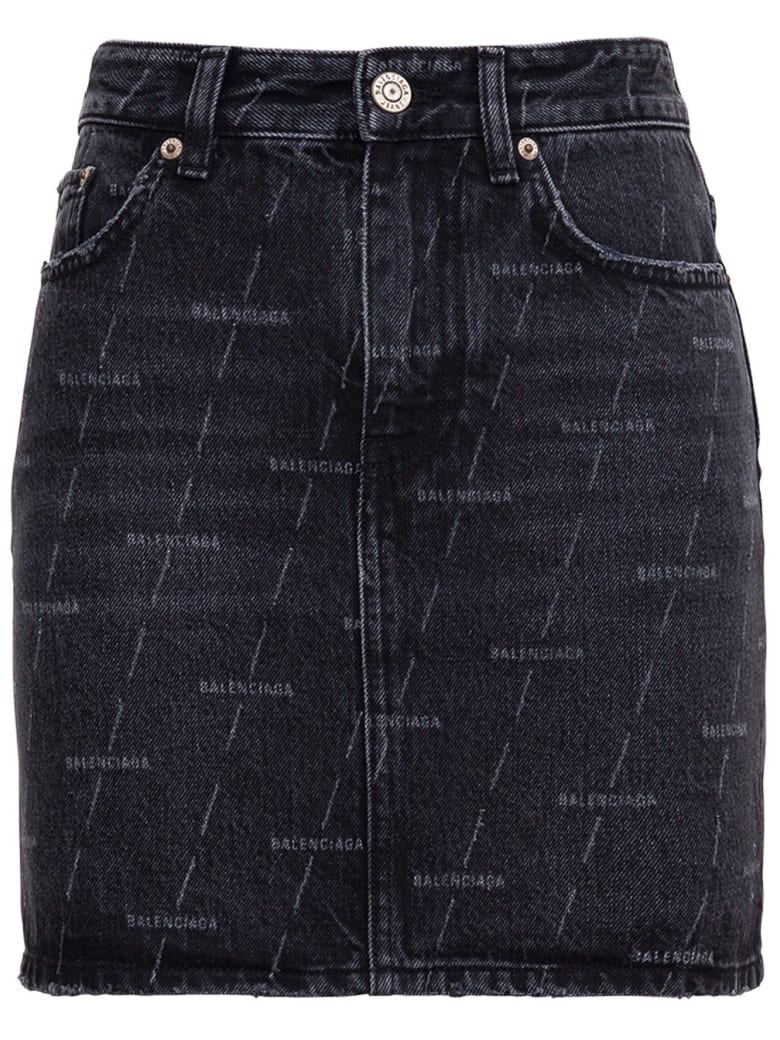 Balenciaga Denim Skirt With Allover Logo - Black