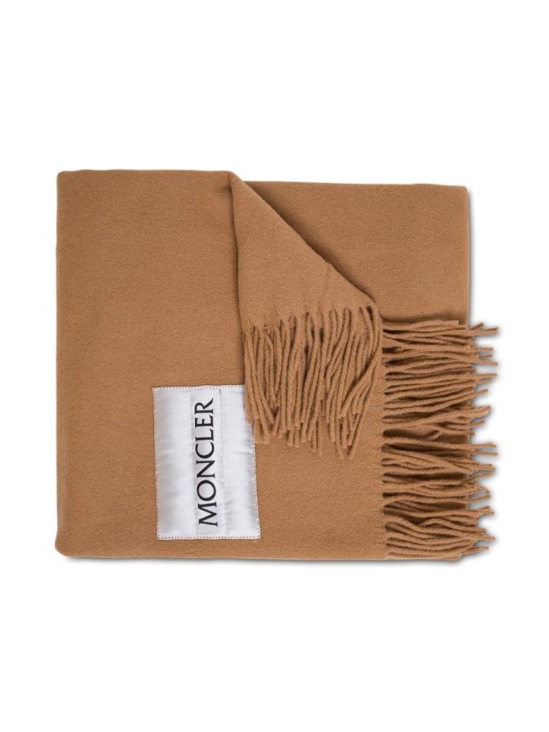 Moncler Camel Colored Wool Scarf With Logo - Brown