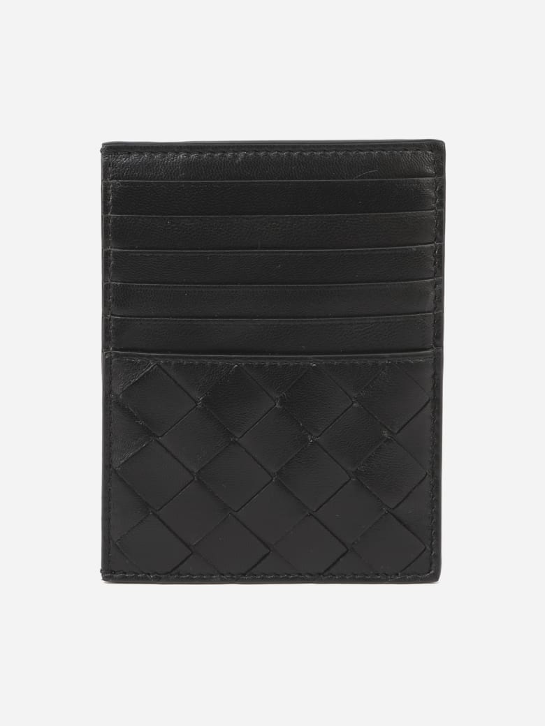 Bottega Veneta Card Holder With Maxi Intrecciato Motif In Leather - Black-silver