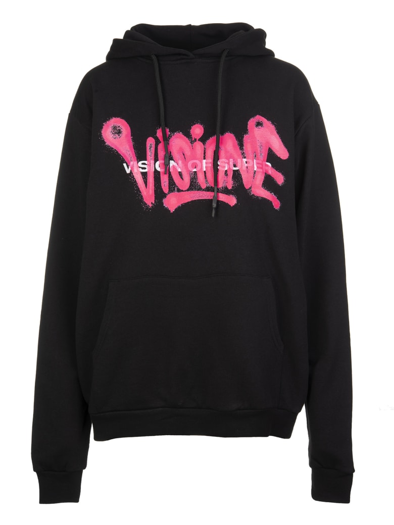 Vision of Super Black And Fluo Pink Man "visione" Hoodie - Black/fuxia