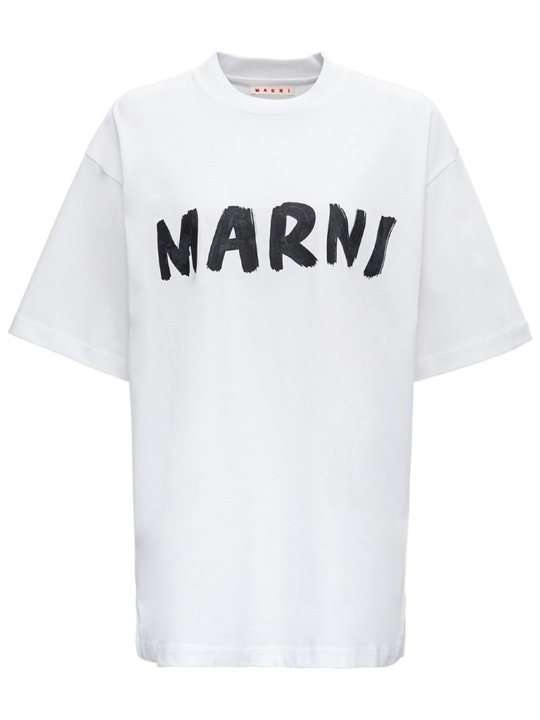 Marni White Cotton T-shirt With Logo Print | italist