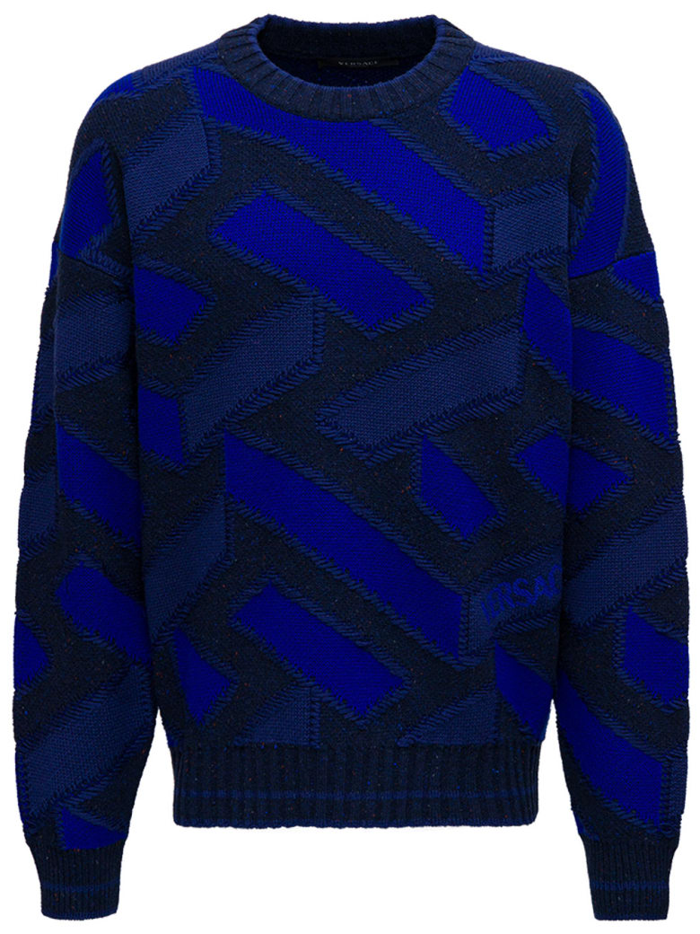 Versace Blue And Black Jacquard Wool Sweater - Blu