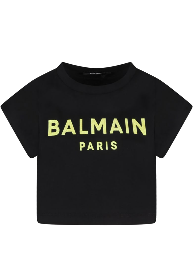 Balmain Black T-shirt For Girl With Yellow Logo - Black