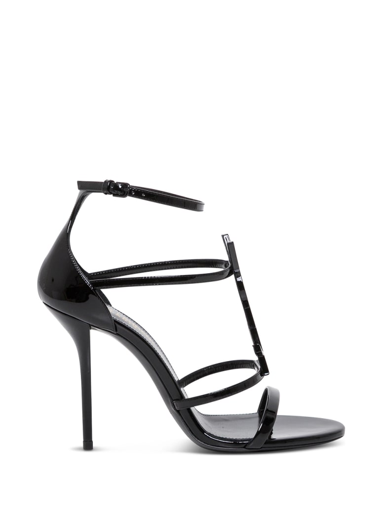 Saint Laurent Cassandra Black Leather Sandals With Logo - Black