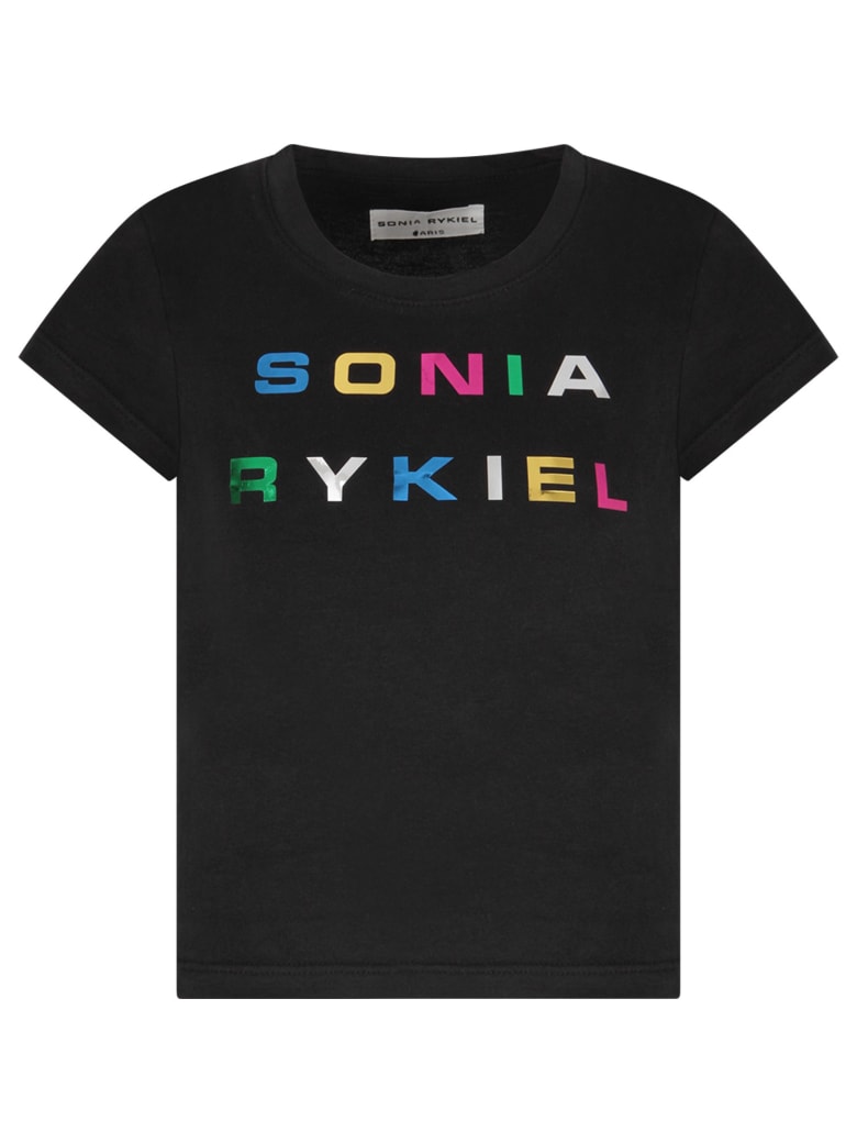 Sonia Rykiel Black T-shirt For Girl With Colorful Logo - Black