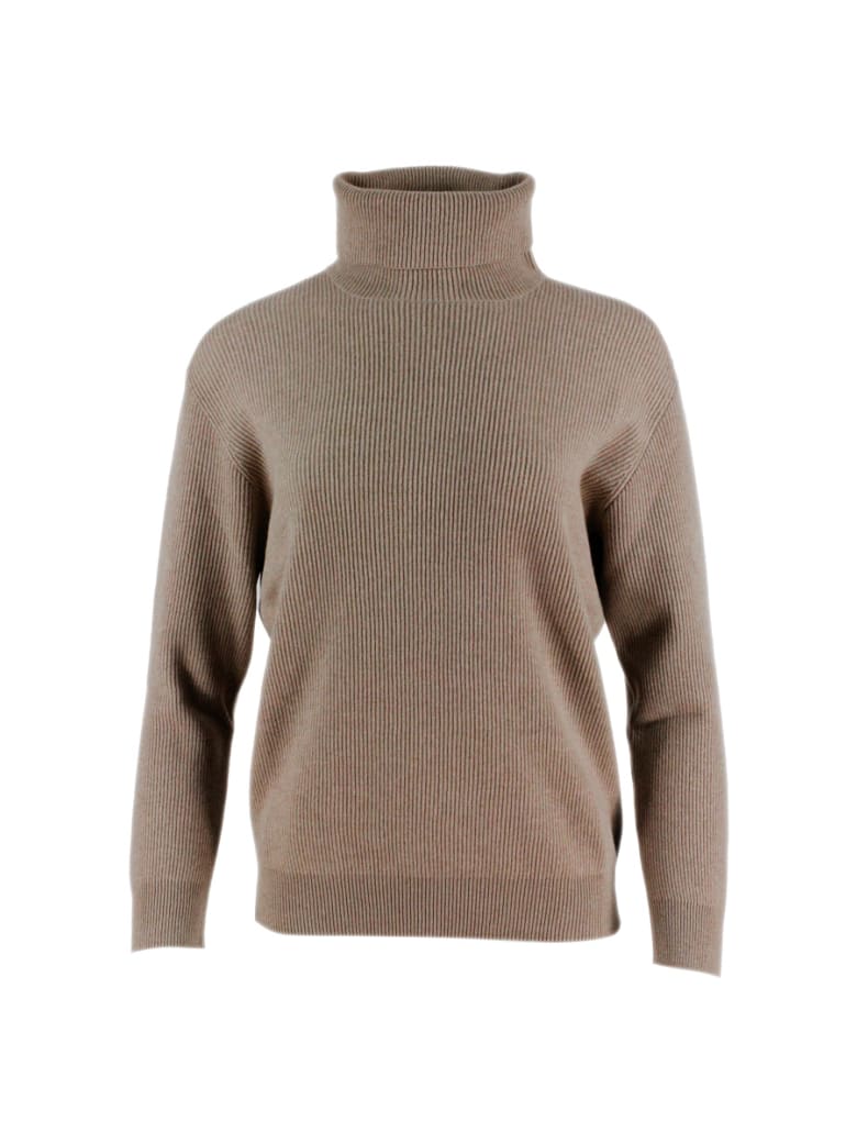 Brunello Cucinelli English Rib Cashmere Turtleneck Sweater With Monili On The Back - Tobacco