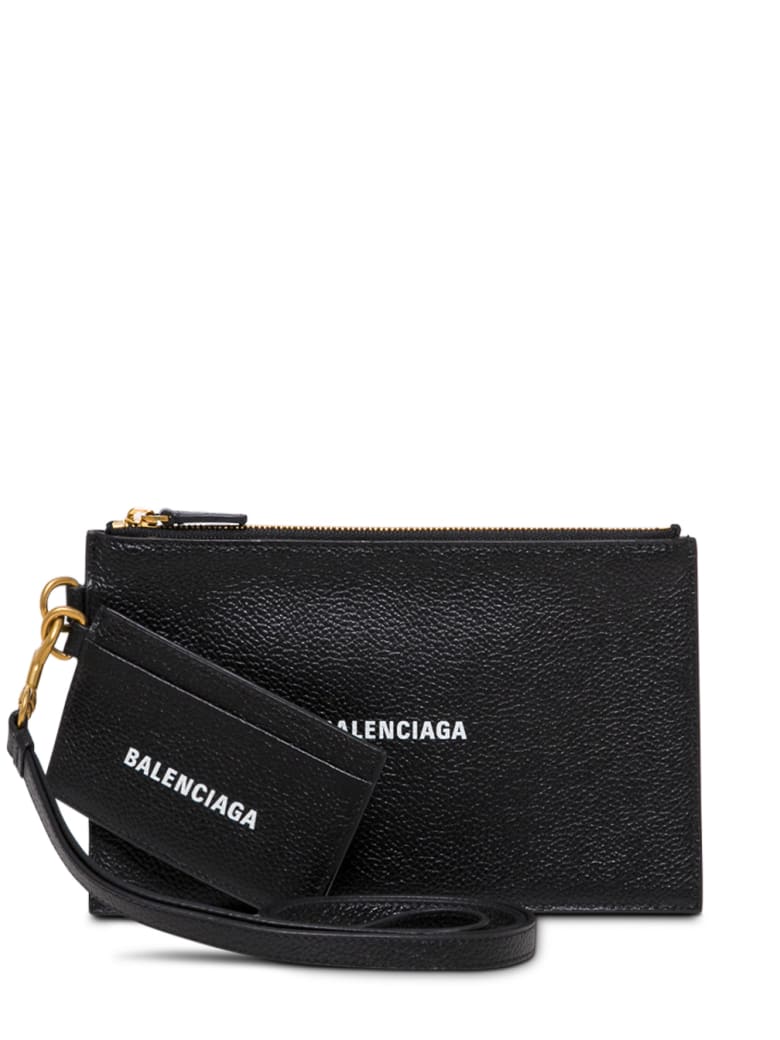 Balenciaga Black Leather Pouch With Card Holder With Logo - Black
