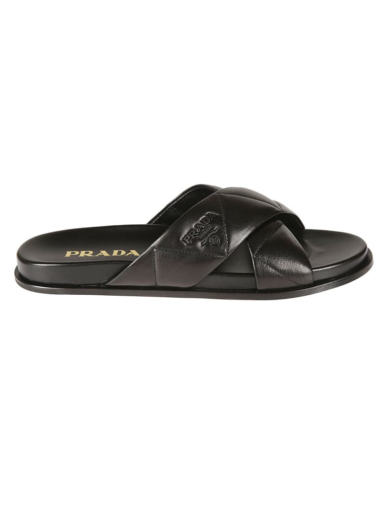 Prada Logo Stamp Quilted Sliders - Black