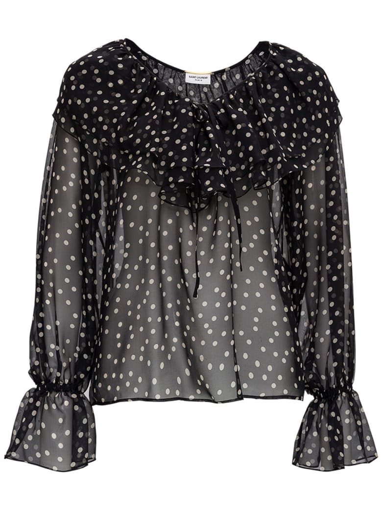 Saint Laurent Polka Dot Silk Shirt With Ruffle Detail - Noir Beige