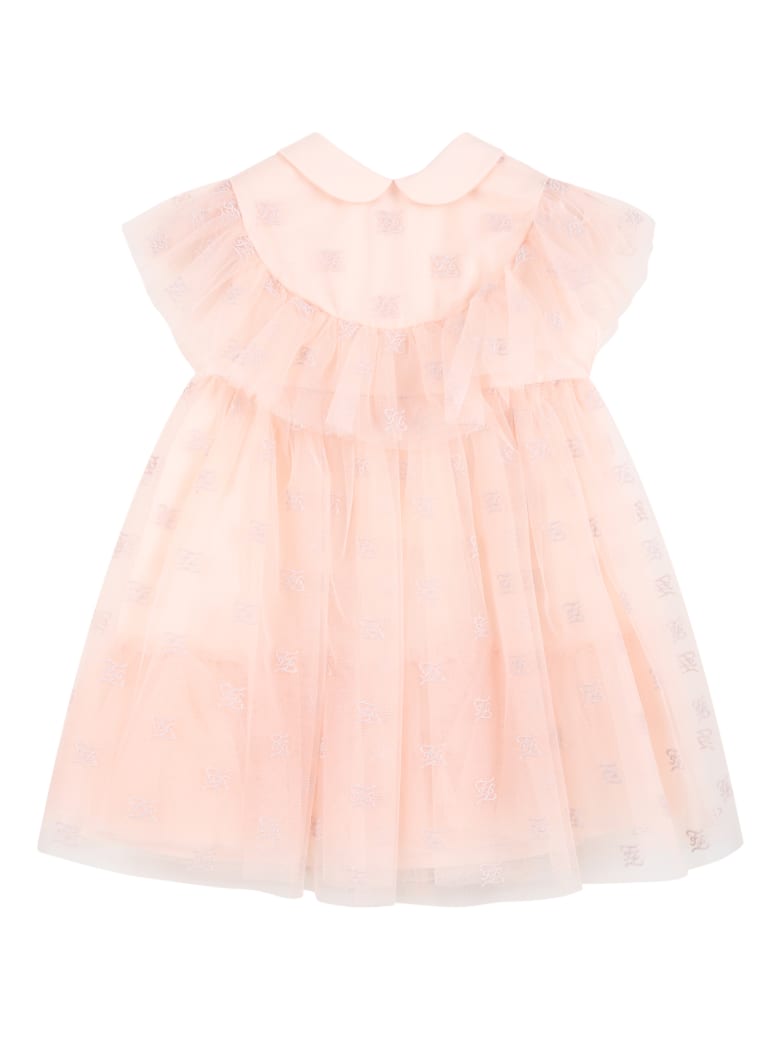Fendi Pink Dress For Baby Girl With Embroidered Logo - Pink