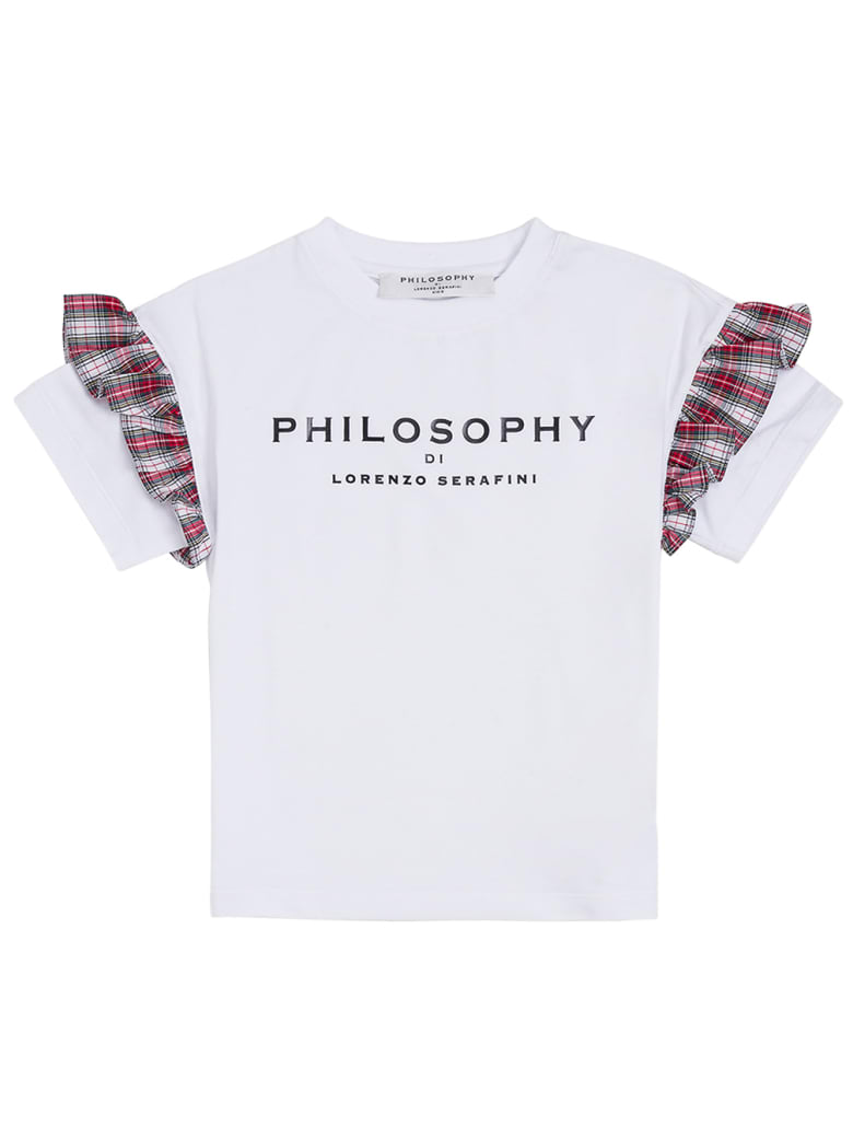 Philosophy di Lorenzo Serafini Kids Cotton T-shirt With Logo And Ruffles Detail - White