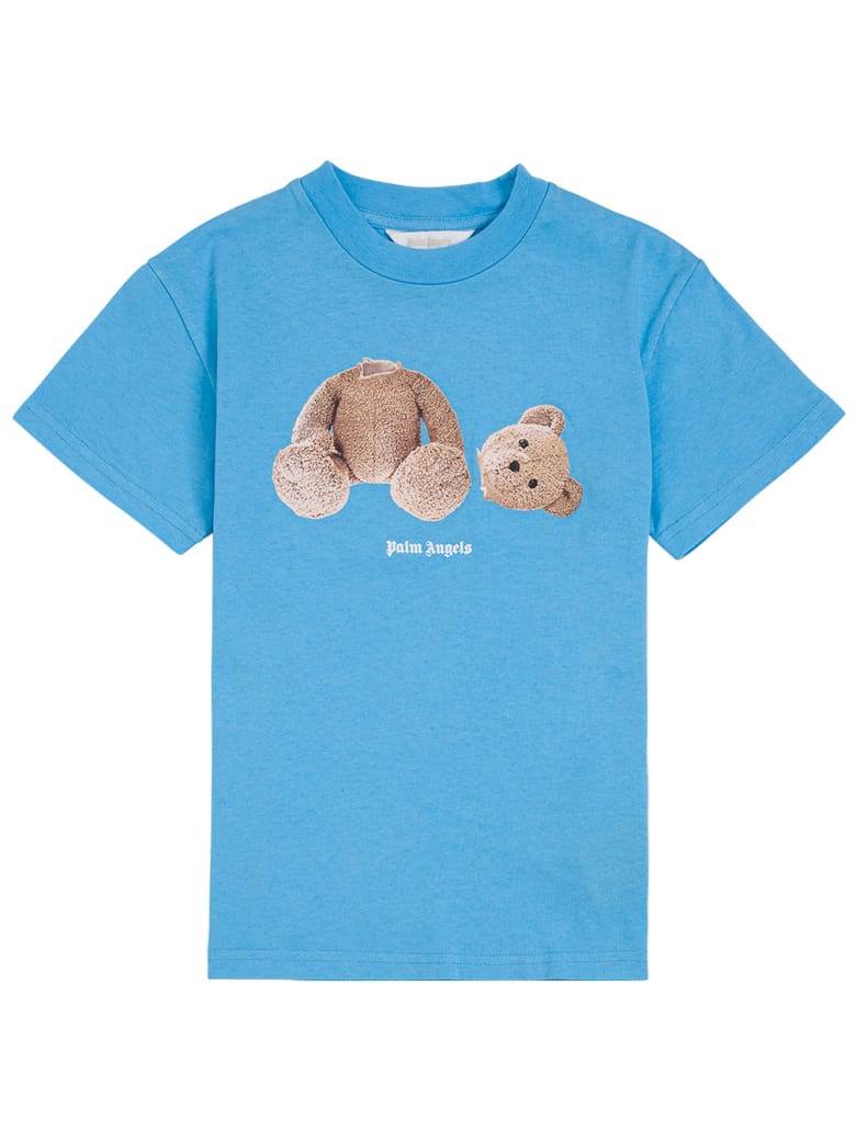 Palm Angels Blue Cotton T-shirt With Teddy Bear Print - Light blue