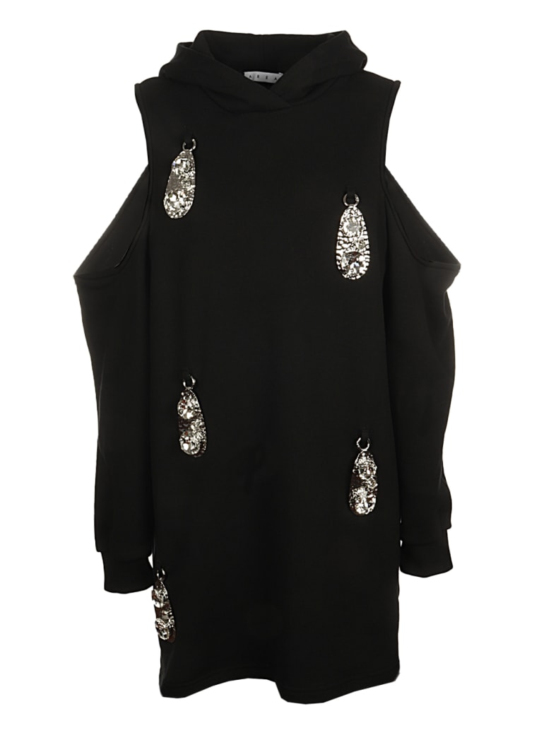AREA Hammered Pendant Cold Shoulder Hoodie Dress - BLACK