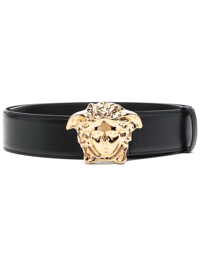 Versace Black Leather Belt With Logo Buckle - Black