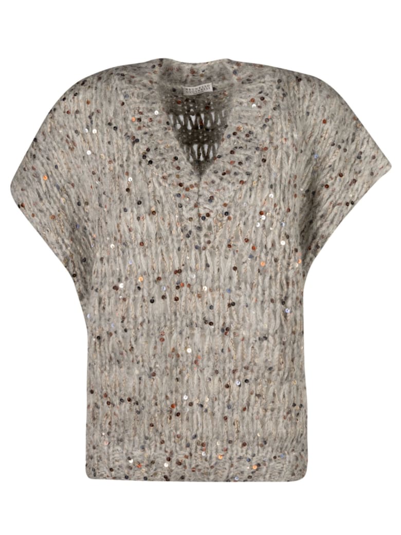 Brunello Cucinelli Bead Embellished V-neck Knit Top - Grey
