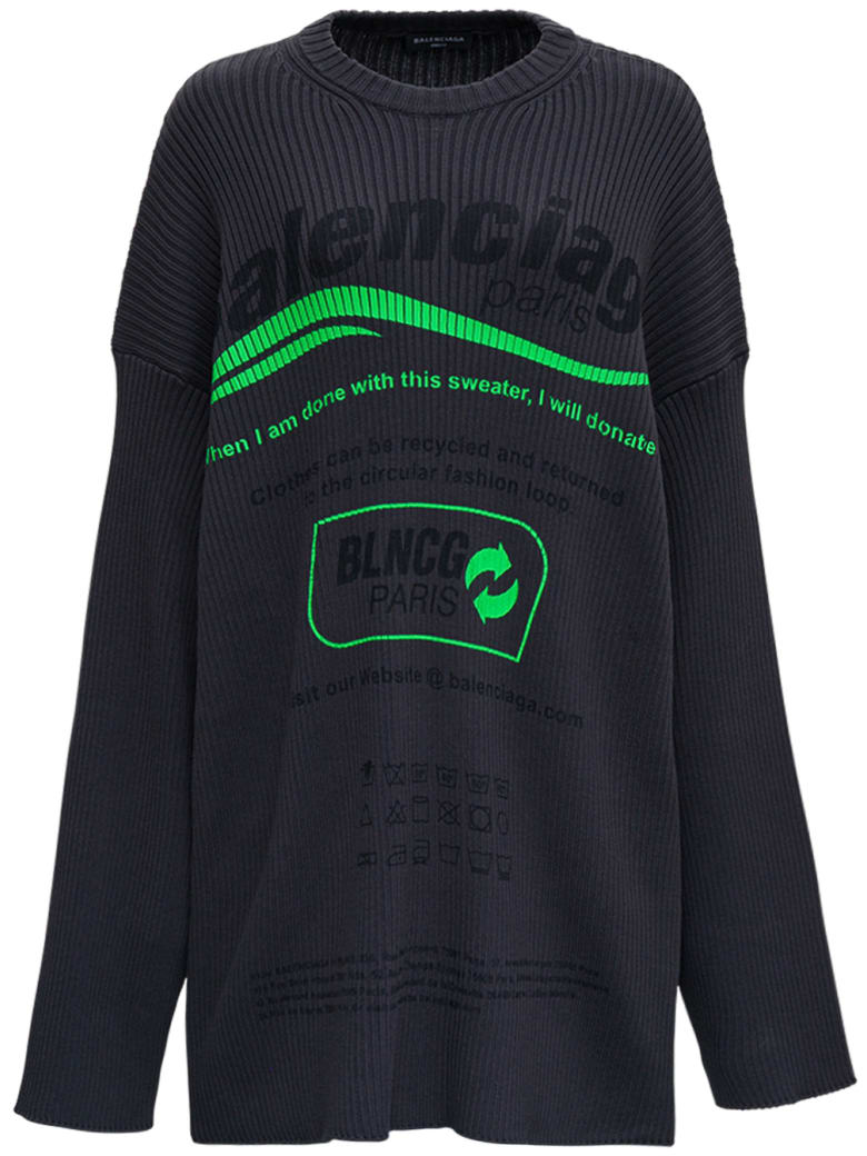 Balenciaga Oversize Ribbed Knit Sweater With Print - Black