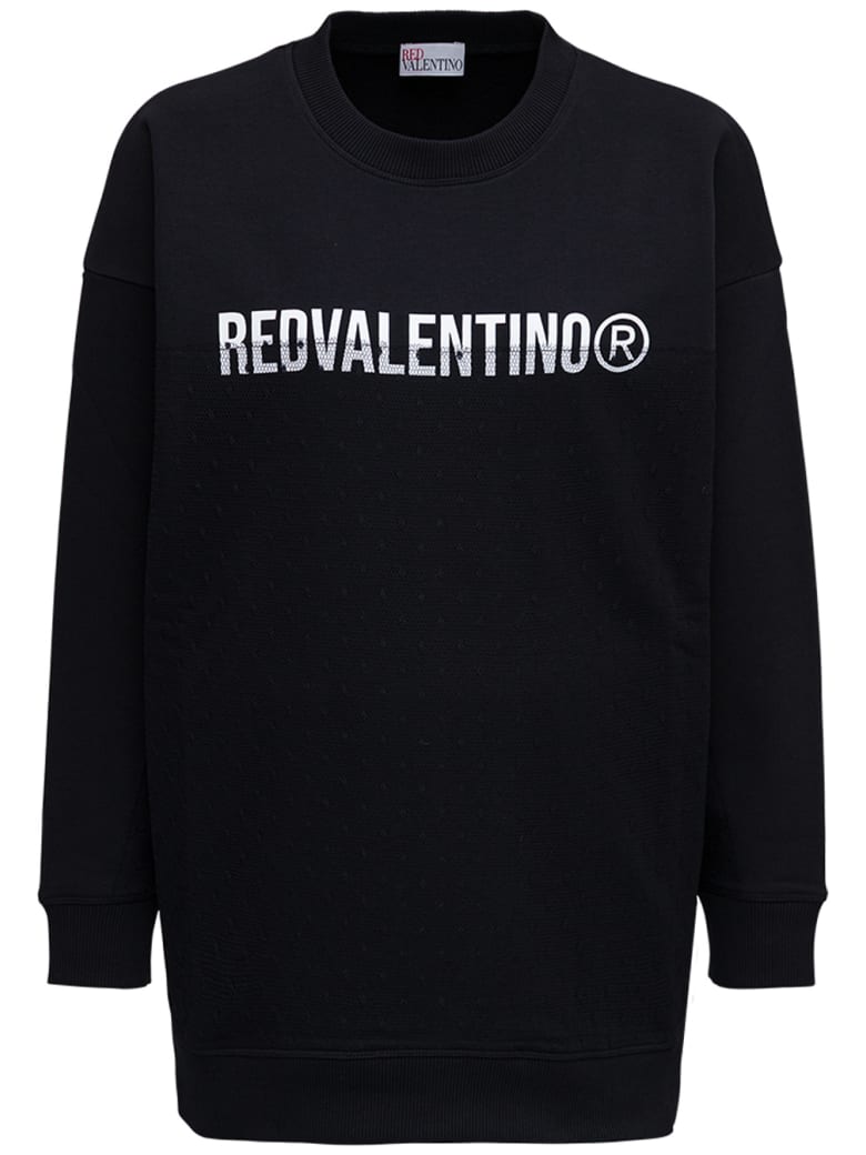 RED Valentino Oversized Black Sweatshirt With Contrasting Logo Print And Point D'esprit Insert - Black