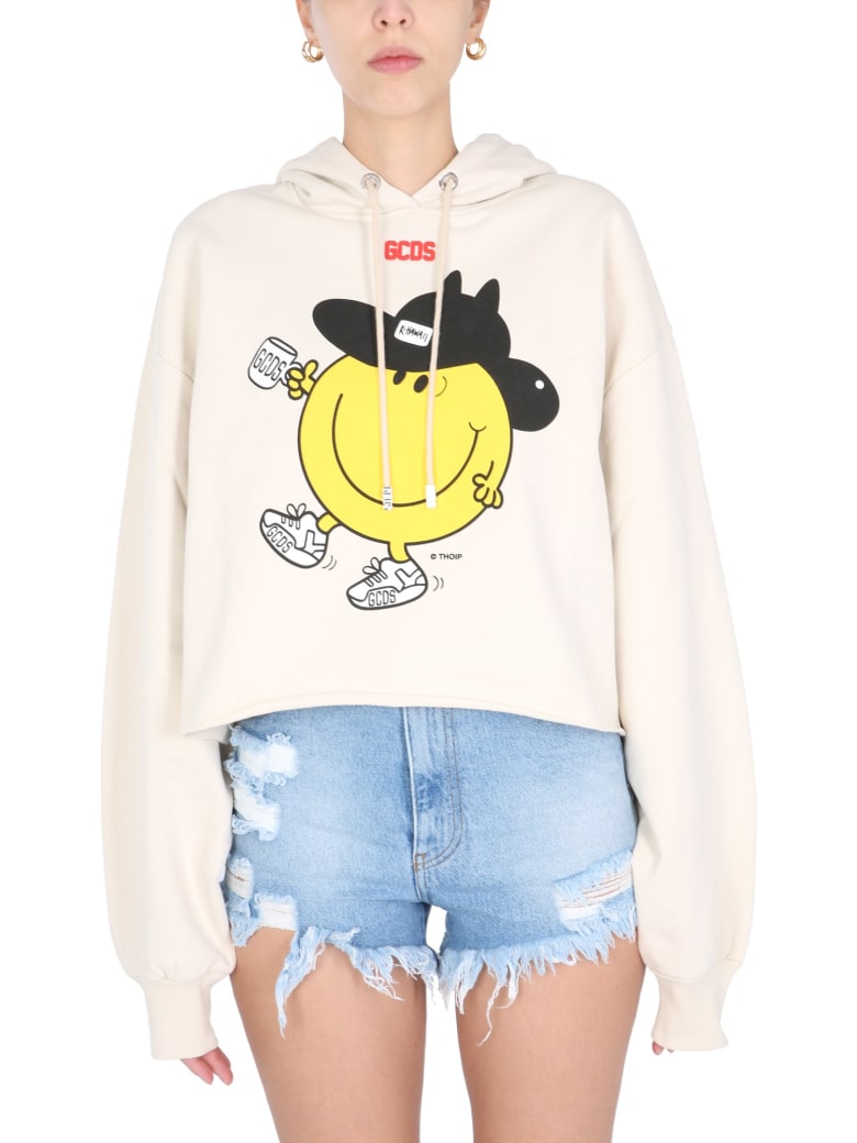 GCDS Cropped Hooded Sweatshirt - Whitecupgrey