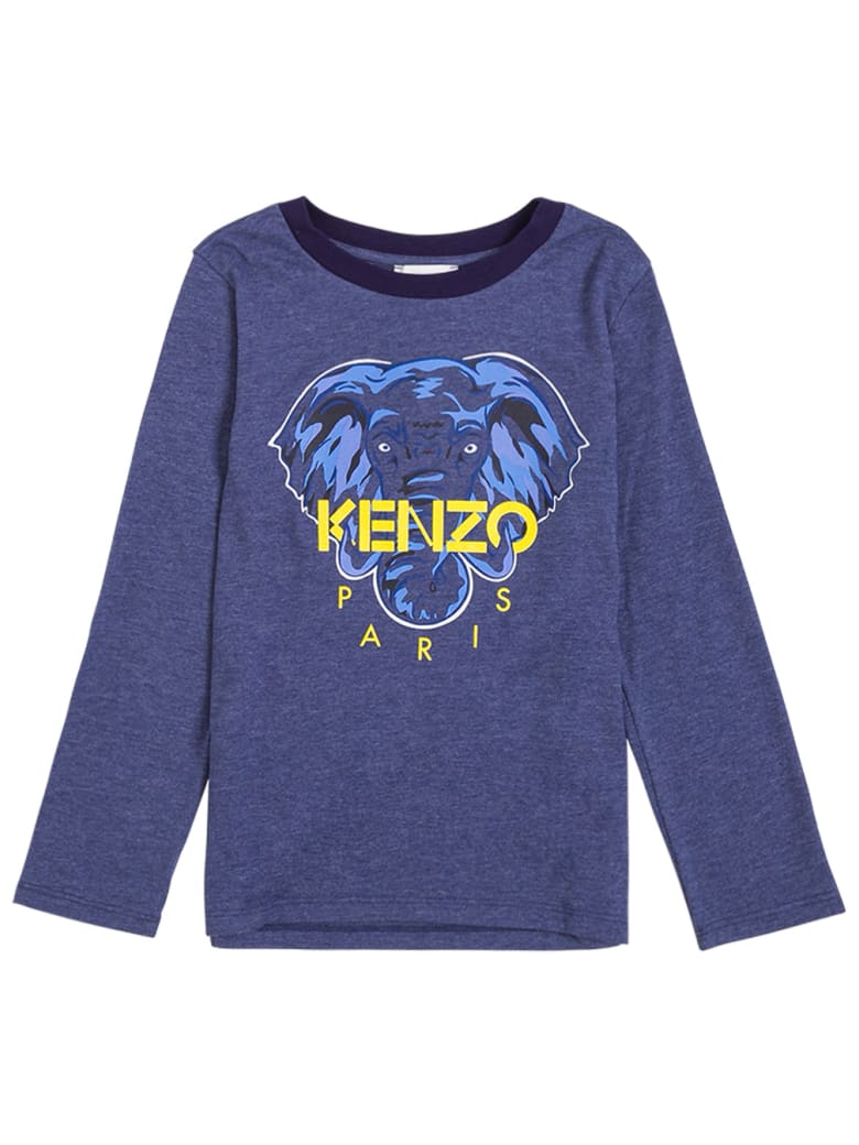 Kenzo Kids Long-sleeved Blue Cotton T-shirt With Logo Print - Blu