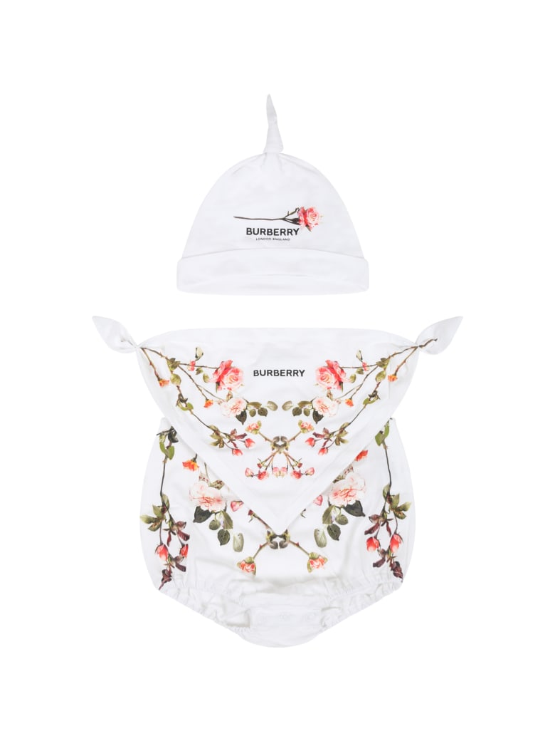 Burberry White Set For Babygirl With Roses - White