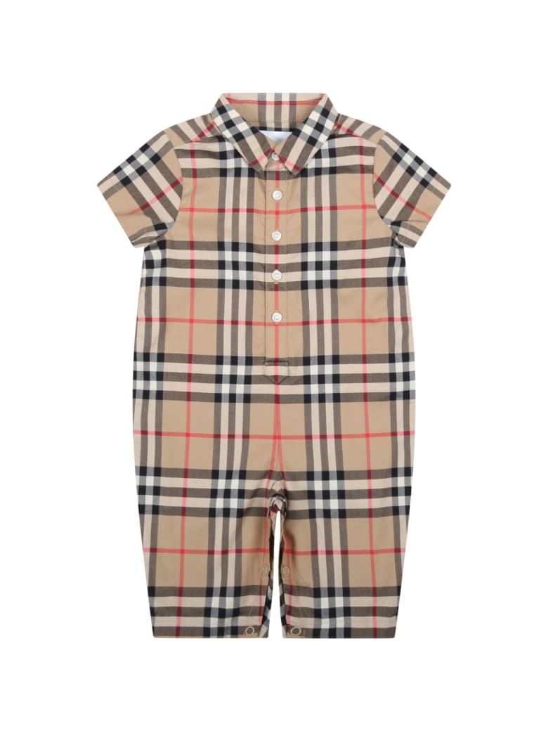 Burberry Beige Romper For Babykids With Vintage Check - Beige