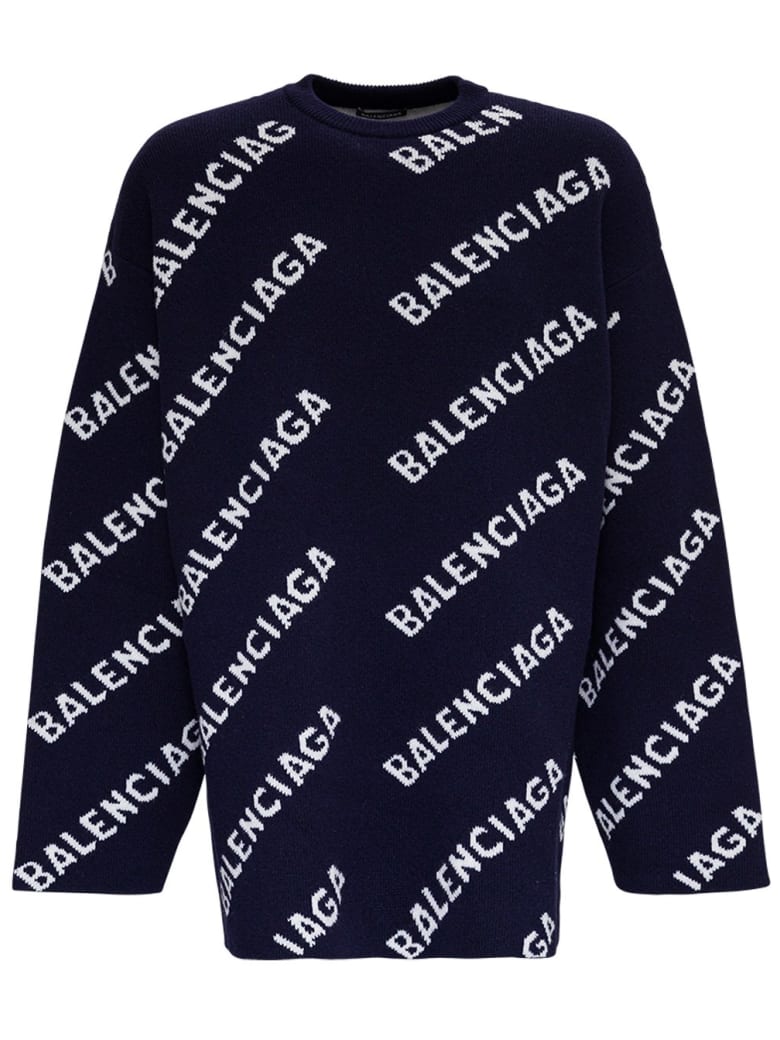Balenciaga Wool Blend Sweater With Allover Logo - Blu