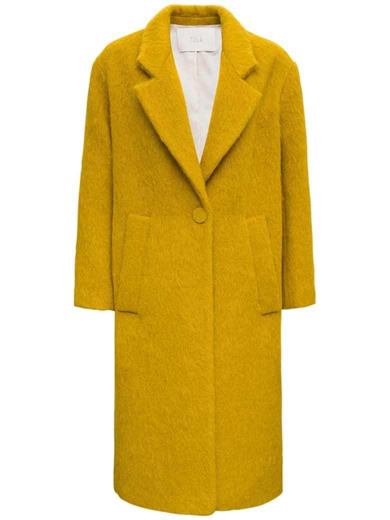Tela Glam Long Coat In Ocher Colored Wool Blend - Yellow