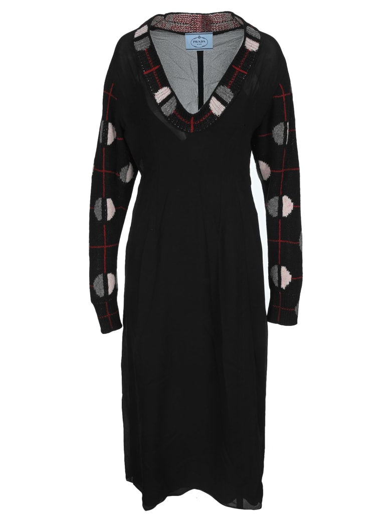 Prada Jaquard Detail Midi Dress - BLACK + GRAY