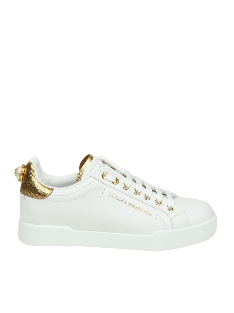 Dolce & Gabbana Portofino Sneakers In White Leather With Logoed Pearl ...