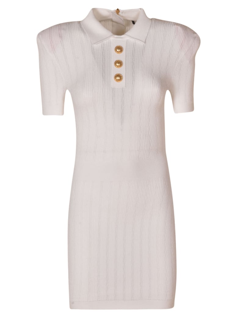 Balmain Button Placket Knit Slim Dress - White