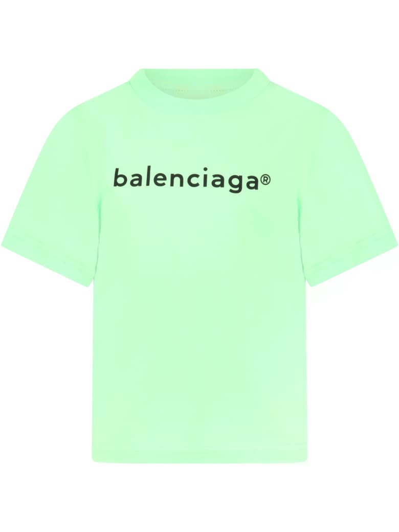 Balenciaga Neon Green T-shirt For Kids With Logo - Green