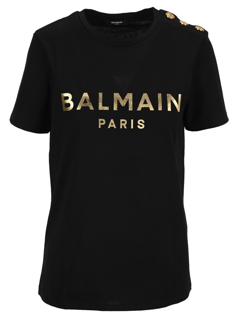 Balmain Black Cotton T-shirt With Bronze Logo Print - Nero