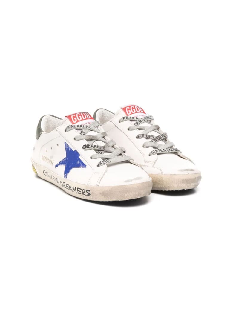 Golden Goose Junior White Super-star Sneakers With Blue Star And Black Spiler - Milk/blue/dark blue