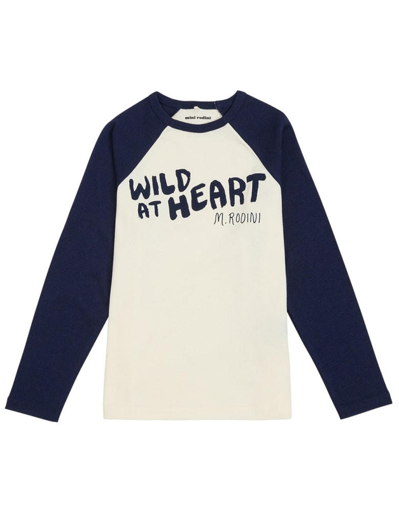 Mini Rodini Long-sleeved Cotton T-shirt With Wild At Heart Front Print - Blu