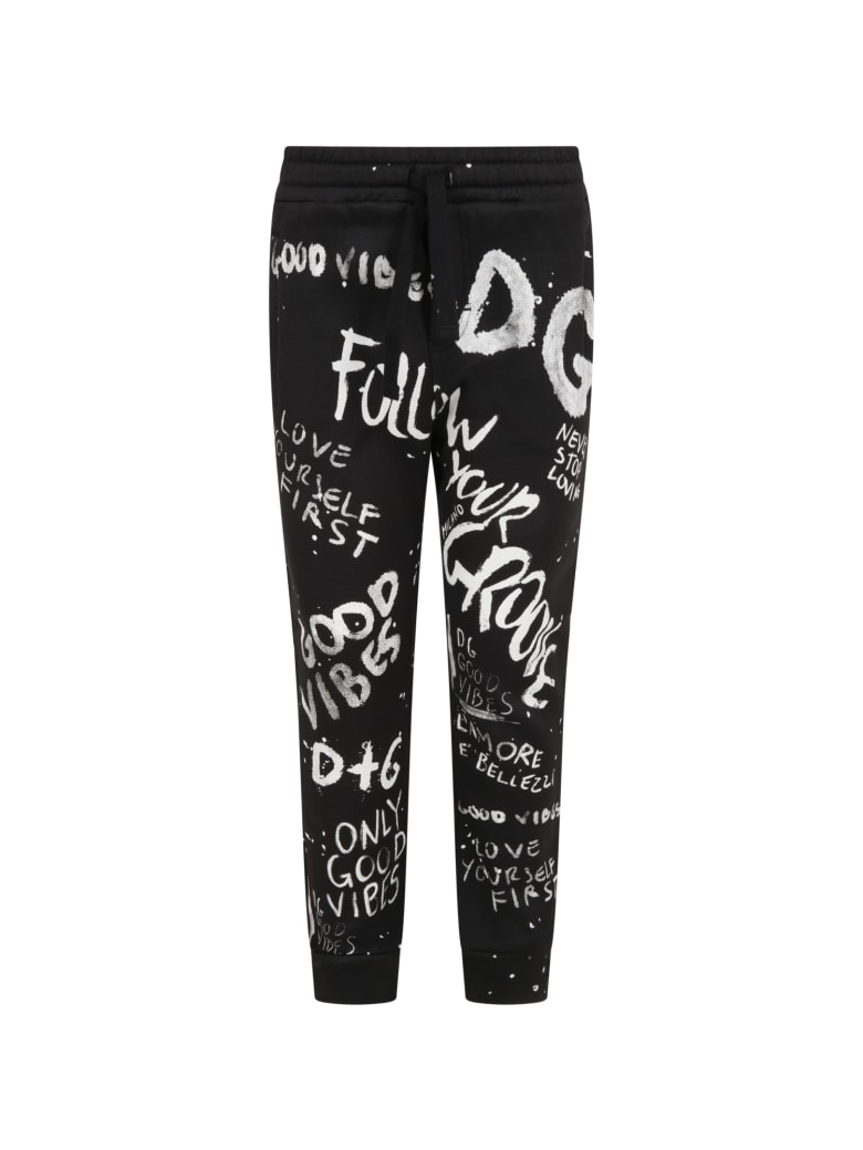 Dolce & Gabbana Black Sweatpants For Babykids With Graffiti Syle Print - Black