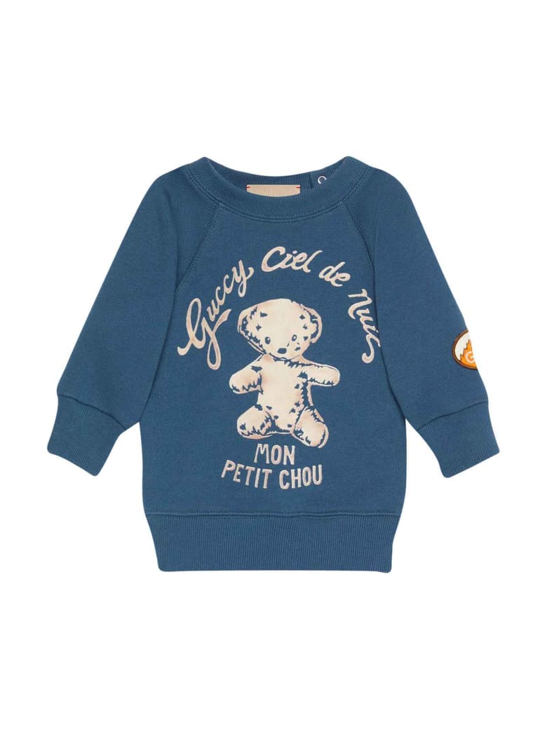 Gucci Blue Sweatshirt With Central Multicolor Press And Round Collar - Petrolio