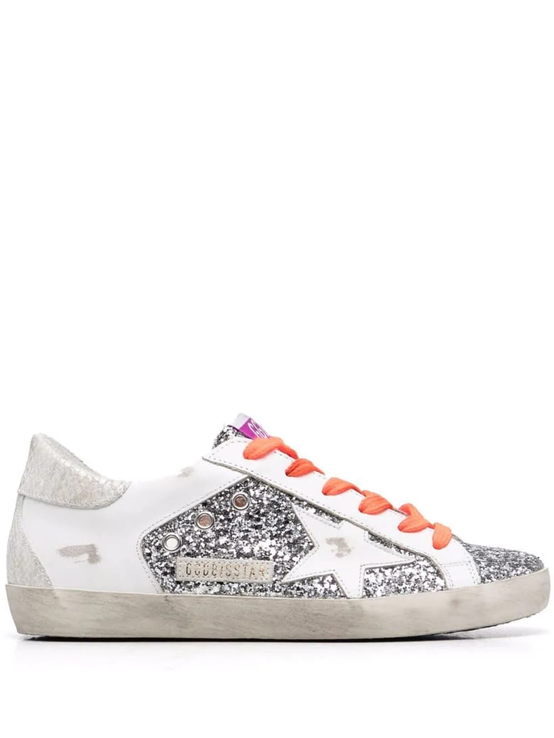 Golden Goose Woman White Leather And Silver Glitter Super-star Sneakers With Fluo Orange Laces