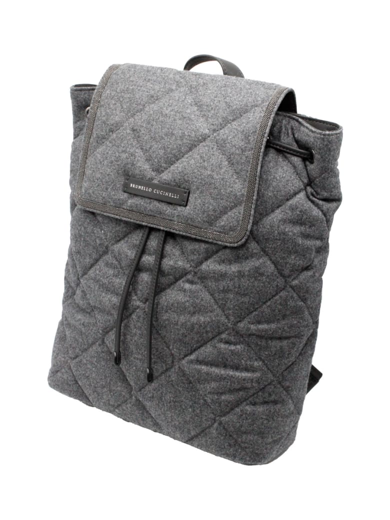 Brunello Cucinelli Backpack With Diamond Pattern In Wool And Leather Embellished With Rows Of Jewels. Measures 30 X 35 X 10 - Grey