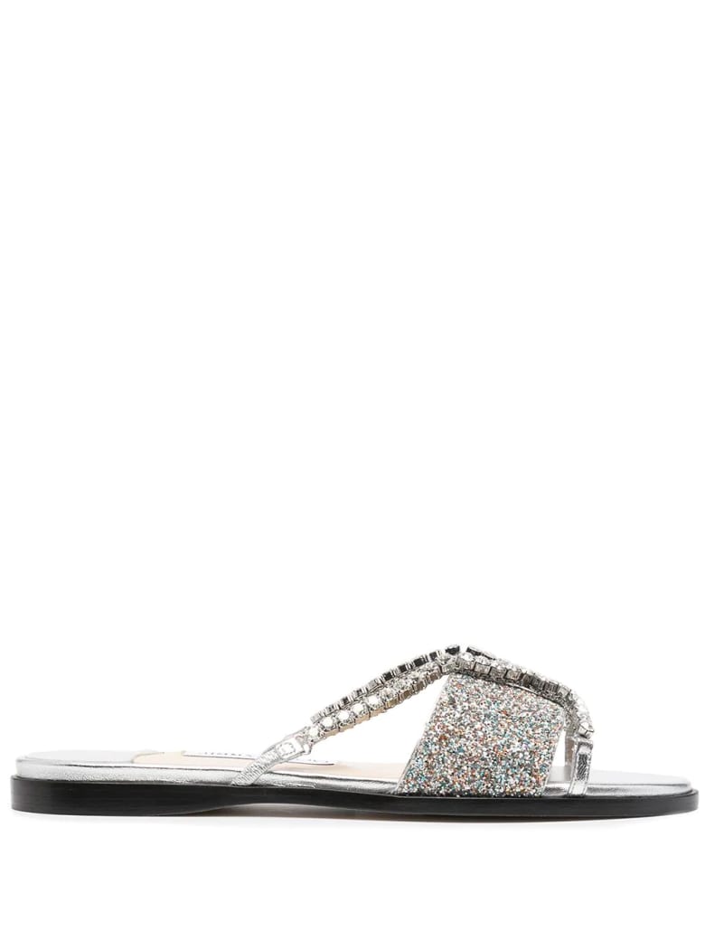 Jimmy Choo Silver And Multicolor Glitter Aadi Flat Sandal