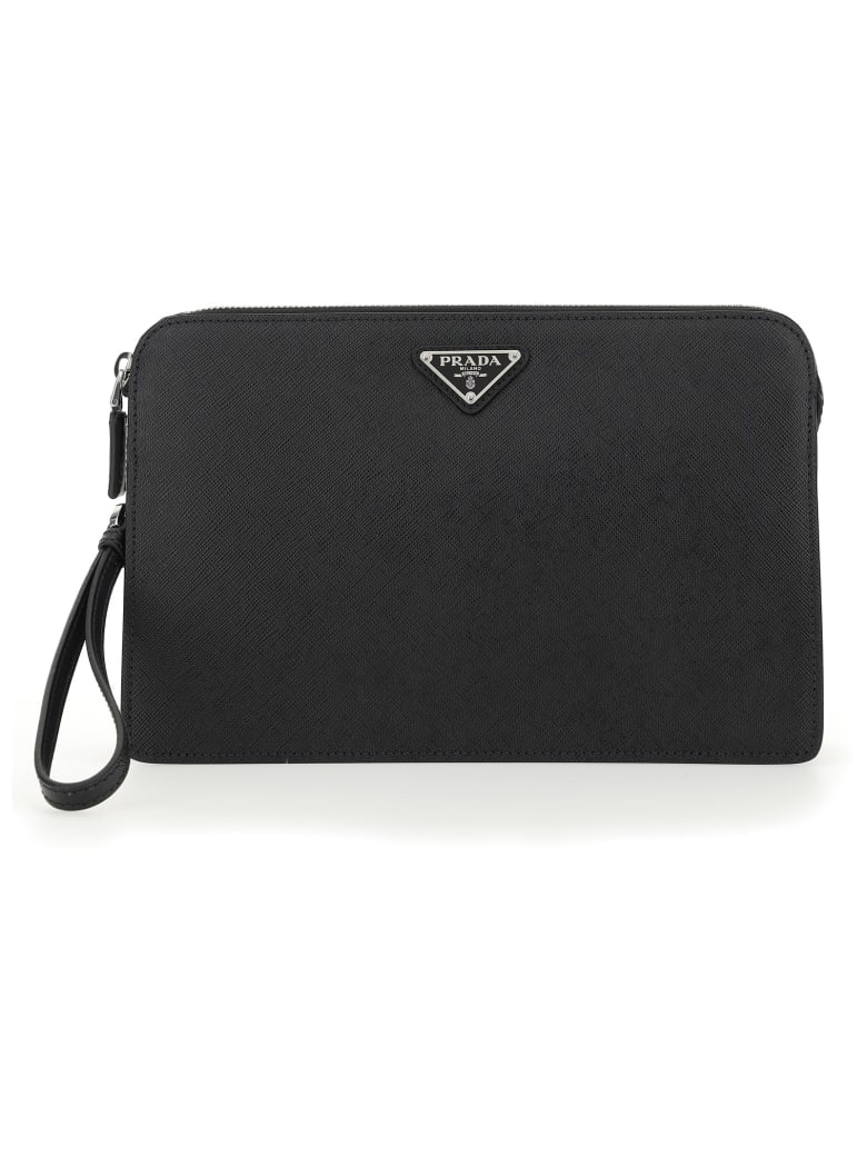 Prada Logo Plaque Top Zipped Clutch - Black