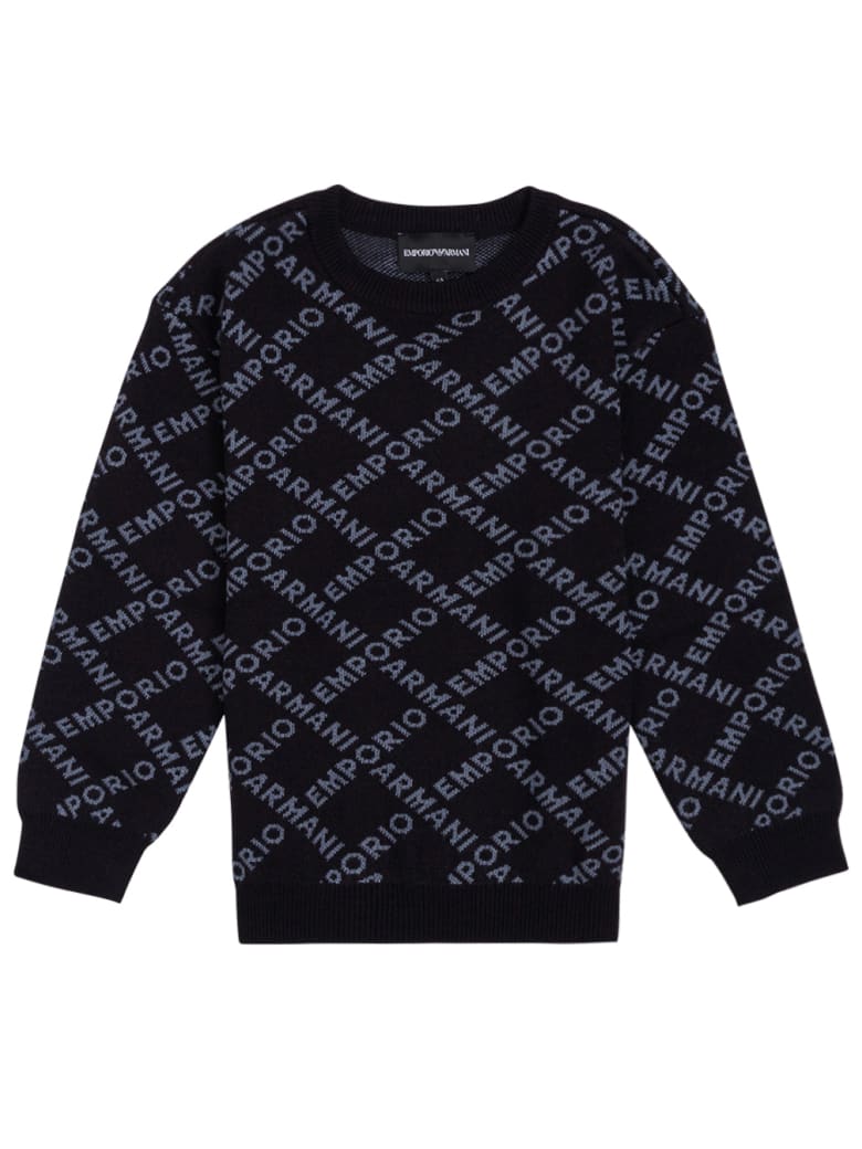 Emporio Armani Black Nylon Blend Sweater With Allover Logo - Black