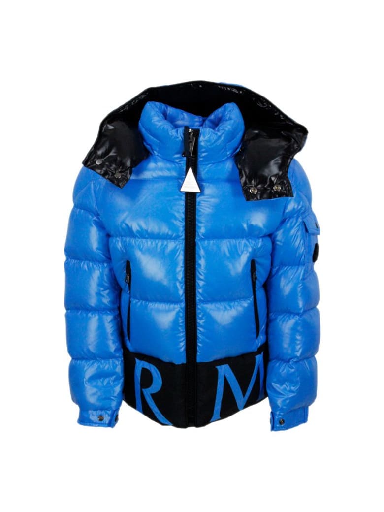 Moncler Pervin Down Jacket In Real Goose Down With Detachable Hood And Logo Lettering On The Bottom - Light Blu