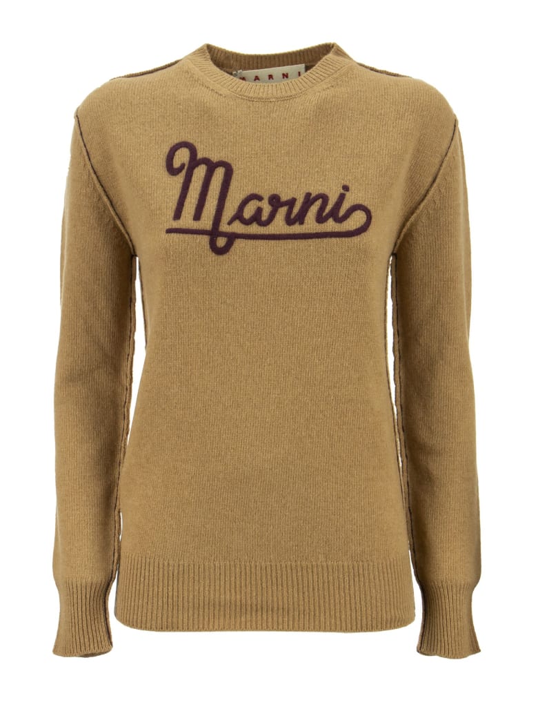 Marni Hazelnut Crewneck Sweater With Embroidered Logo - Hazelnut