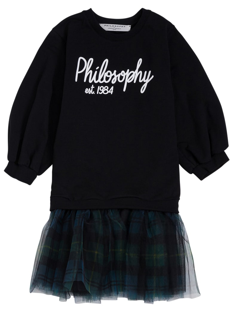 Philosophy di Lorenzo Serafini Kids Black Cotton And Tulle Check Dress With Logo Print - Black