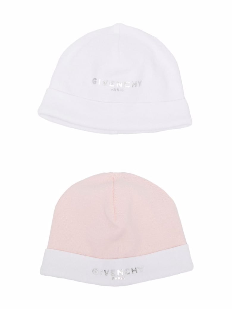 Givenchy Set Of 2 Baby Hats With Metallic Silver Logo - Bianco/rosa