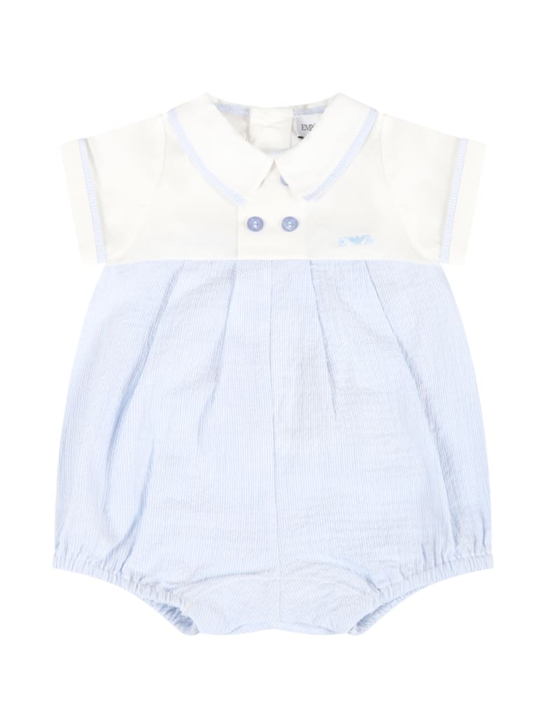 Armani Collezioni Light Blue Romper For Baby Boy With Logo - White