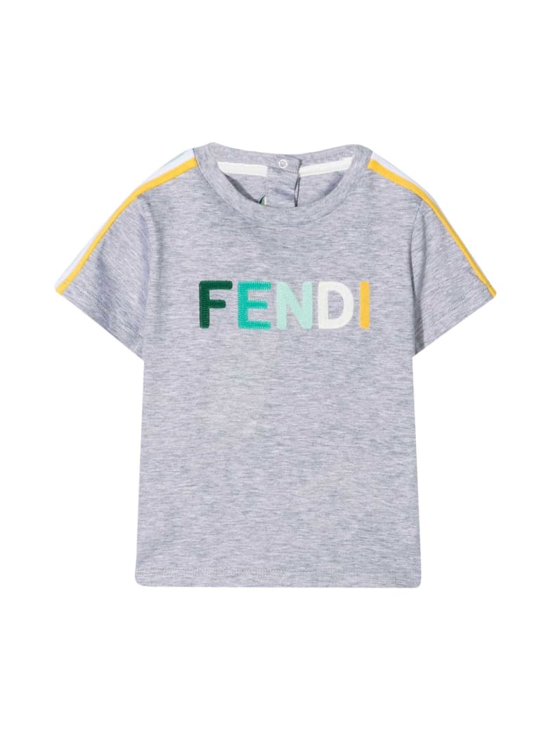 Fendi Grey T-shirt With Multicolor Logo And Details - Grigio/verde
