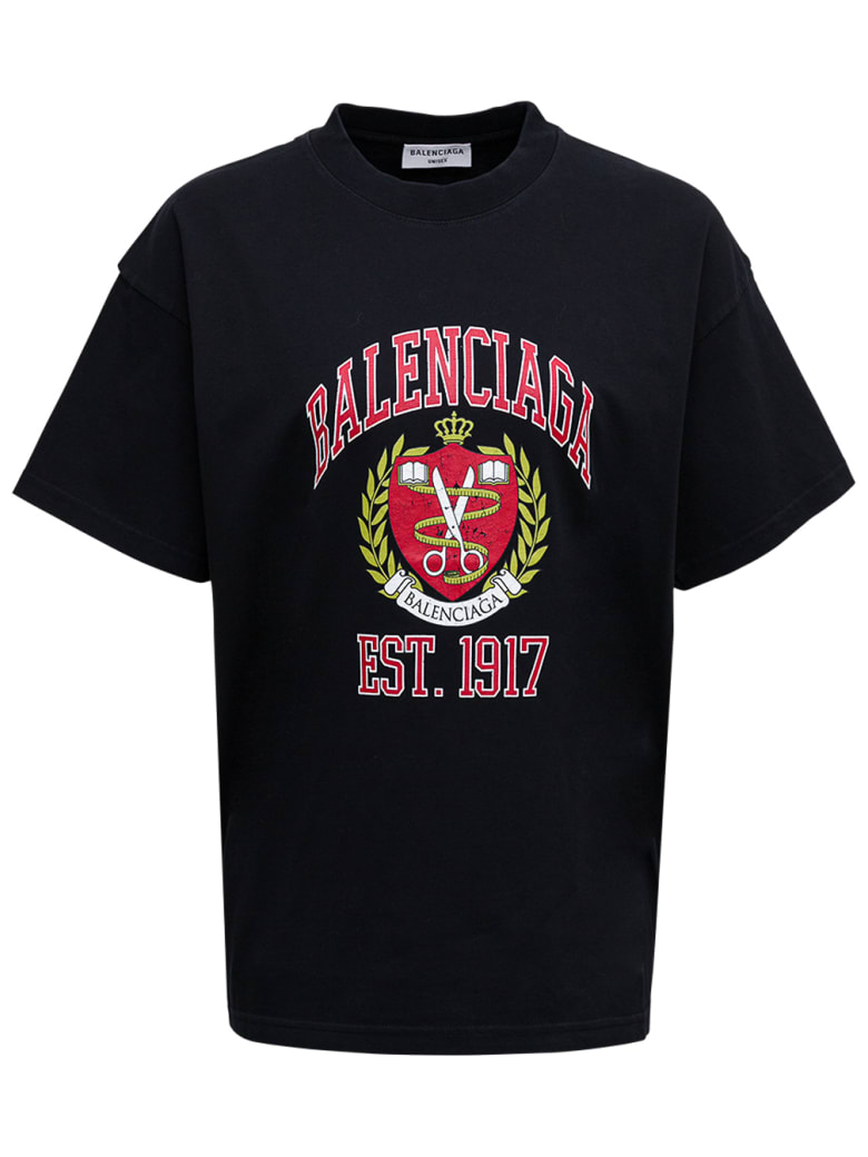 Balenciaga Black Cotton T-shirt With Vintage College Logo - Black
