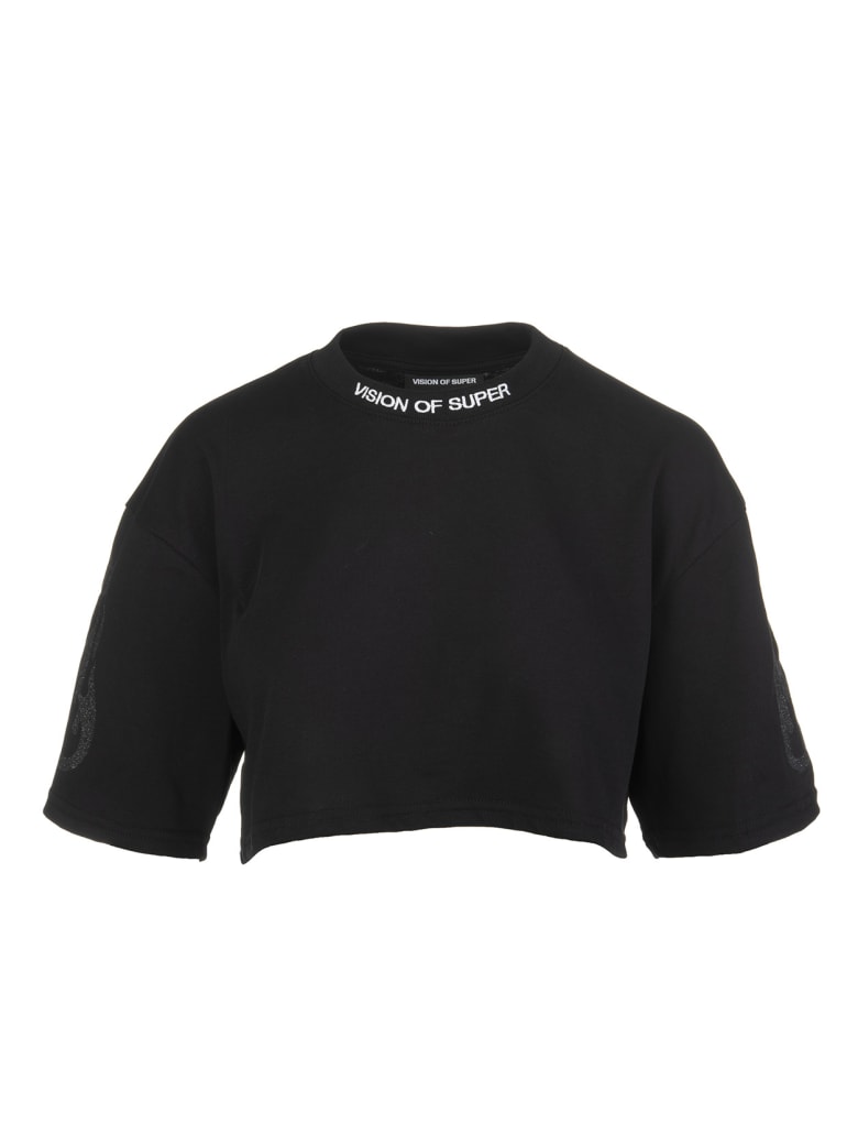 Vision of Super Black Cropped Woman T-shirt With Glitter Black Flame - Black/orange