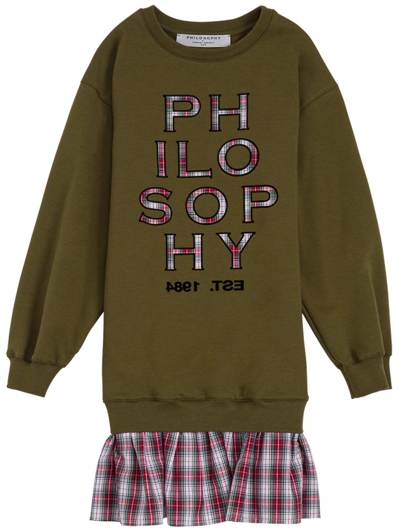 Philosophy di Lorenzo Serafini Kids Green Cotton And Tulle Check Dress With Logo - Green